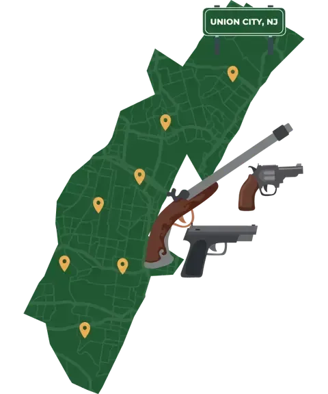 Picture of Union City, New Jersey City Map with Union City sign on it and places that we buy guns from.