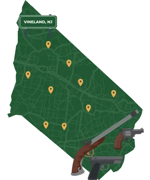 Picture of Vineland, New Jersey City Map with Vineland sign on it and places that we buy guns from.