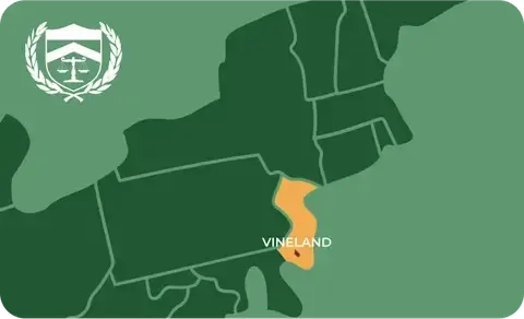 State map with Vineland, New Jersey highlighted, showing that Cash for Arms purchases guns in Vineland