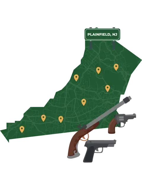 Picture of Plainfield, New Jersey City Map with Plainfield sign on it and places that we buy guns from.