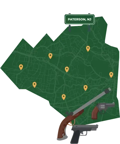 Picture of Paterson, New Jersey City Map with Paterson sign on it and places that we buy guns from.