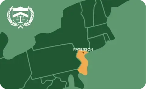 State map with Paterson, New Jersey highlighted, showing that Cash for Arms purchases guns in Paterson
