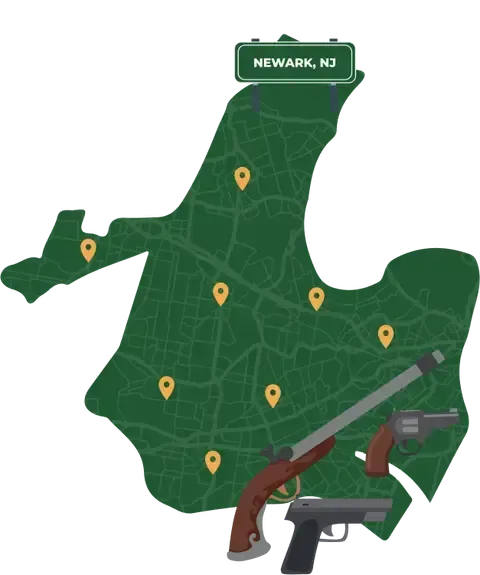 Picture of Newark, New Jersey City Map with Newark sign on it and places that we buy guns from.