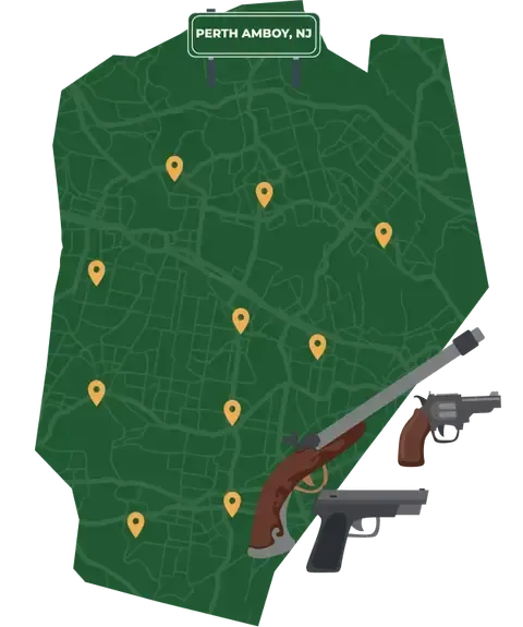 Picture of Perth Amboy, New Jersey City Map with Perth Amboy sign on it and places that we buy guns from.