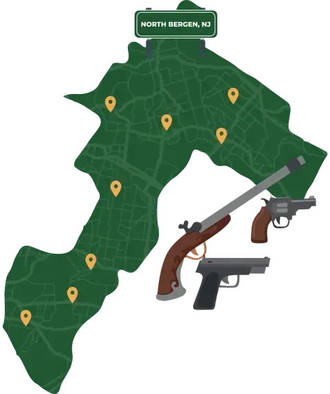 Picture of North Bergen, New Jersey City Map with North Bergen sign on it and places that we buy guns from.