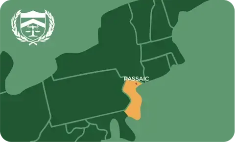 State map with Passaic, New Jersey highlighted, showing that Cash for Arms purchases guns in Passaic