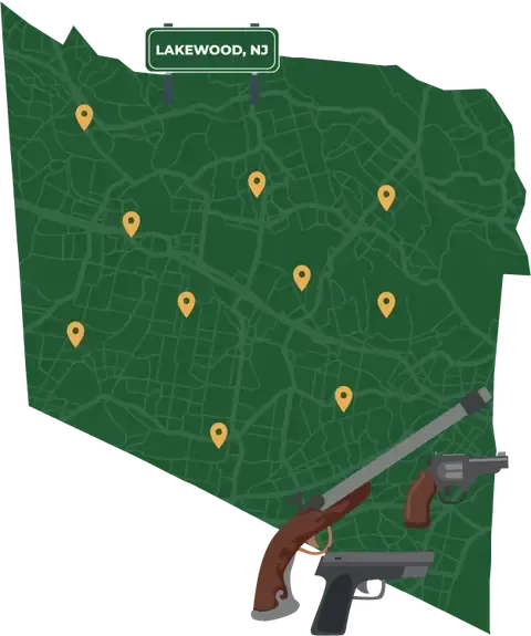 Picture of Lakewood, New Jersey City Map with Lakewood sign on it and places that we buy guns from.