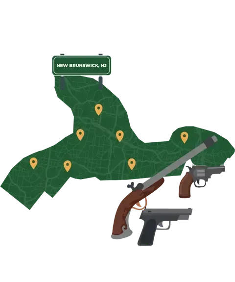 Picture of New Brunswick, New Jersey City Map with New Brunswick sign on it and places that we buy guns from.