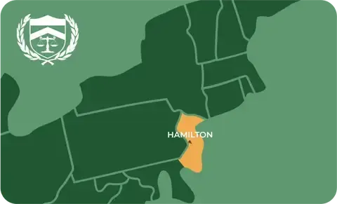 State map with Hamilton, New Jersey highlighted, showing that Cash for Arms purchases guns in Hamilton