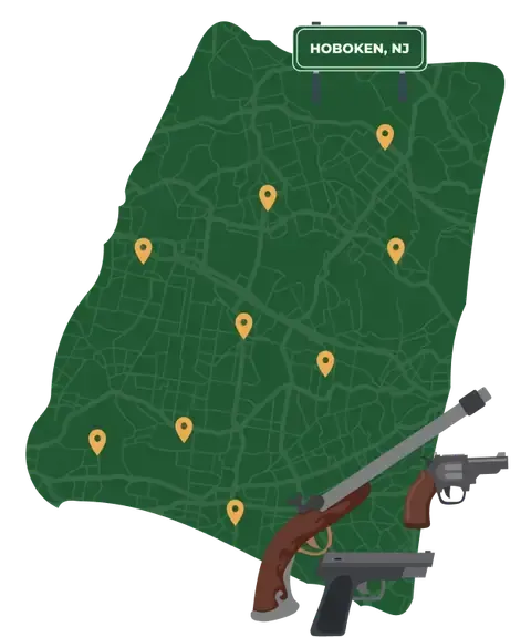 Picture of Hoboken, New Jersey City Map with Hoboken sign on it and places that we buy guns from.