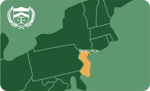 State map with Hoboken, New Jersey highlighted, showing that Cash for Arms purchases guns in Hoboken