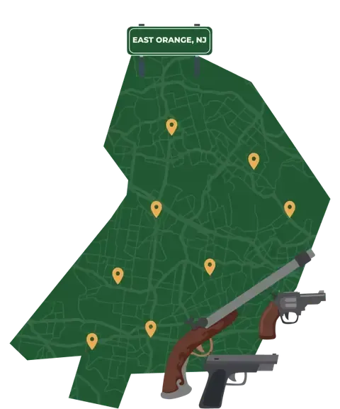 Picture of East Orange, New Jersey City Map with East Orange sign on it and places that we buy guns from.