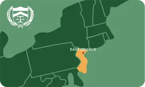 State map with East Orange, New Jersey highlighted, showing that Cash for Arms purchases guns in East Orange