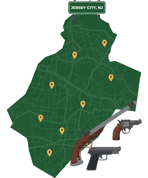 Picture of Jersey City, New Jersey City Map with Jersey City sign on it and places that we buy guns from.