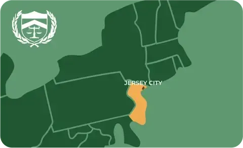 State map with Jersey City, New Jersey highlighted, showing that Cash for Arms purchases guns in Jersey City