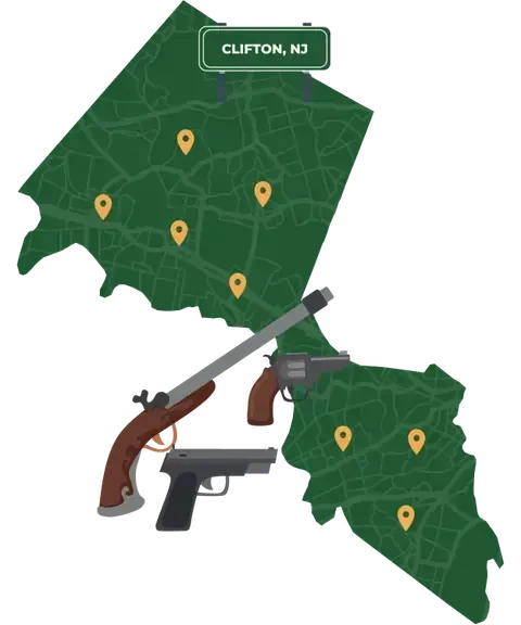 Picture of Clifton, New Jersey City Map with Clifton sign on it and places that we buy guns from.