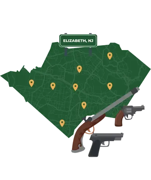 Picture of Elizabeth, New Jersey City Map with Elizabeth sign on it and places that we buy guns from.