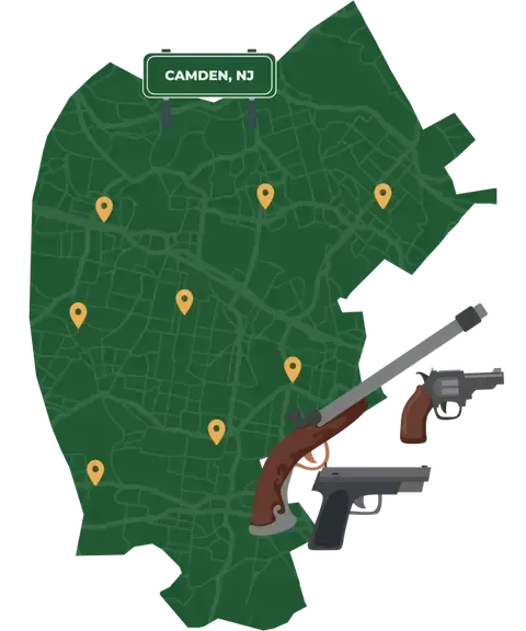 Picture of Camden, New Jersey City Map with Camden sign on it and places that we buy guns from.