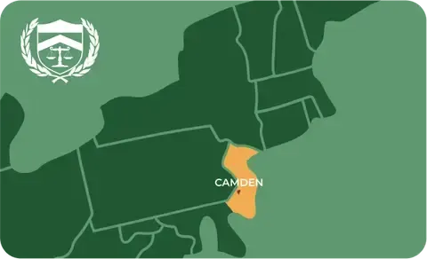 State map with Camden, New Jersey highlighted, showing that Cash for Arms purchases guns in Camden