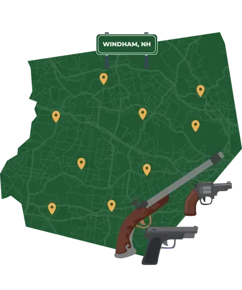 Picture of Windham, New Hampshire City Map with Windham sign on it and places that we buy guns from.