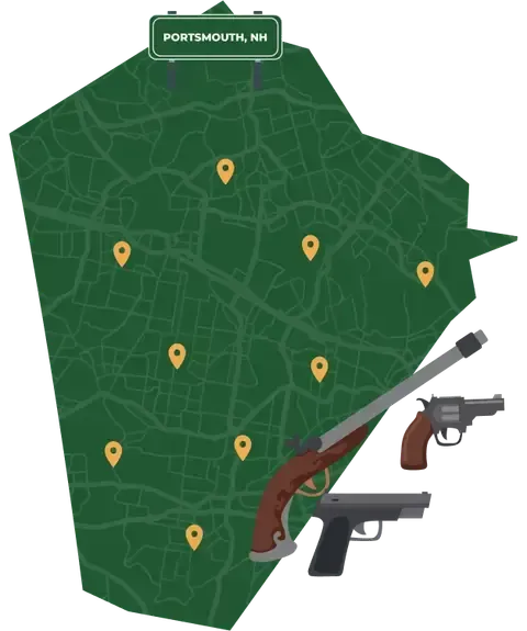 Picture of Portsmouth, New Hampshire City Map with Portsmouth sign on it and places that we buy guns from.