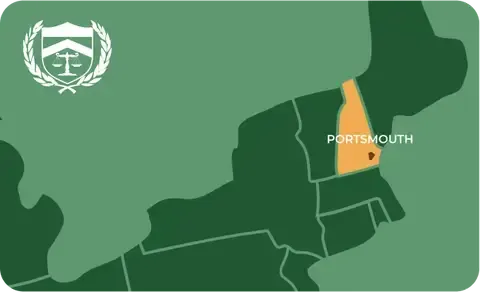 State map with Portsmouth, New Hampshire highlighted, showing that Cash for Arms purchases guns in Portsmouth
