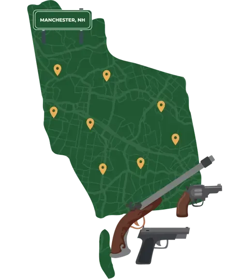Picture of Manchester, New Hampshire City Map with Manchester sign on it and places that we buy guns from.