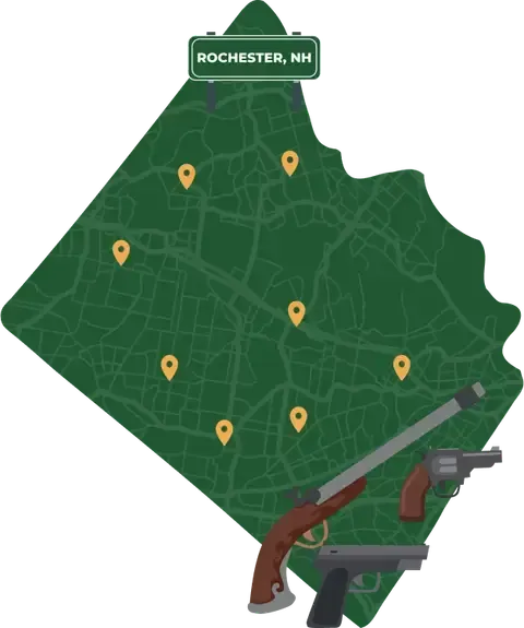 Picture of Rochester, New Hampshire City Map with Rochester sign on it and places that we buy guns from.