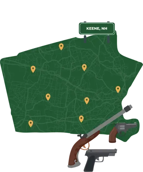 Picture of Keene, New Hampshire City Map with Keene sign on it and places that we buy guns from.