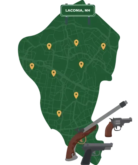 Picture of Laconia, New Hampshire City Map with Laconia sign on it and places that we buy guns from.