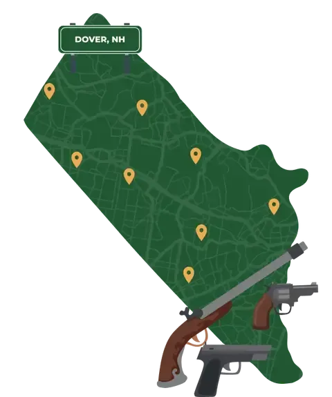 Picture of Dover, New Hampshire City Map with Dover sign on it and places that we buy guns from.