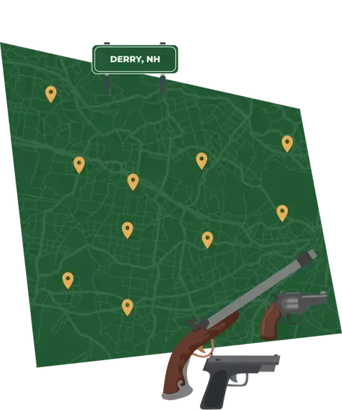 Picture of Derry, New Hampshire City Map with Derry sign on it and places that we buy guns from.