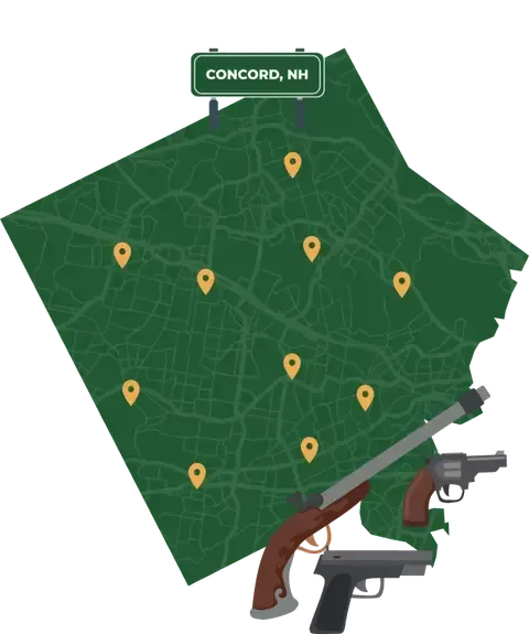 Picture of Concord, New Hampshire City Map with Concord sign on it and places that we buy guns from.