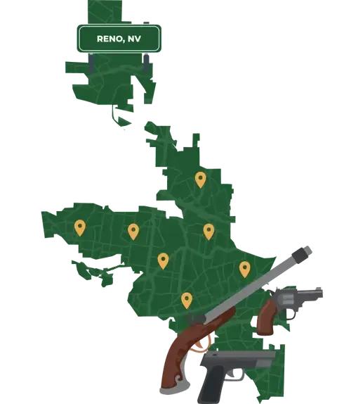 Picture of Reno, Nevada City Map with Reno sign on it and places that we buy guns from.