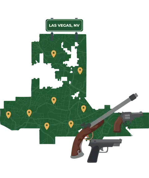 Picture of Las Vegas, Nevada City Map with Las Vegas sign on it and places that we buy guns from.
