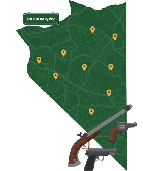 Picture of Pahrump, Nevada City Map with Pahrump sign on it and places that we buy guns from.