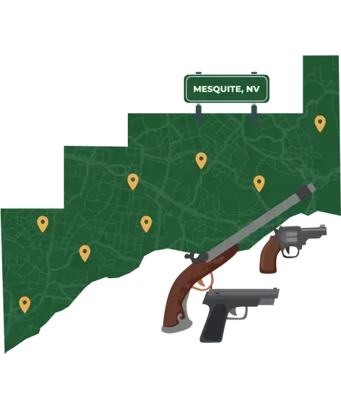Picture of Mesquite, Nevada City Map with Mesquite sign on it and places that we buy guns from.