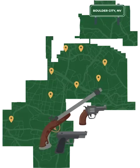 Picture of Boulder City, Nevada City Map with Boulder City sign on it and places that we buy guns from.