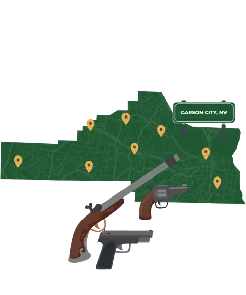 Picture of Carson City, Nevada City Map with Carson City sign on it and places that we buy guns from.