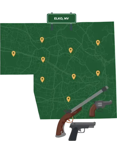 Picture of Elko, Nevada City Map with Elko sign on it and places that we buy guns from.