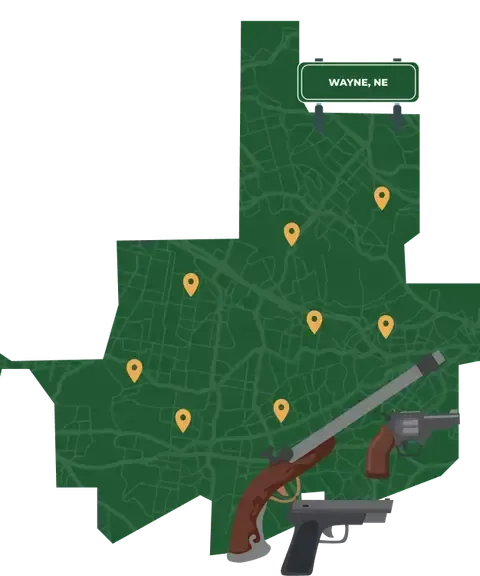 Picture of Wayne, Nebraska City Map with Wayne sign on it and places that we buy guns from.