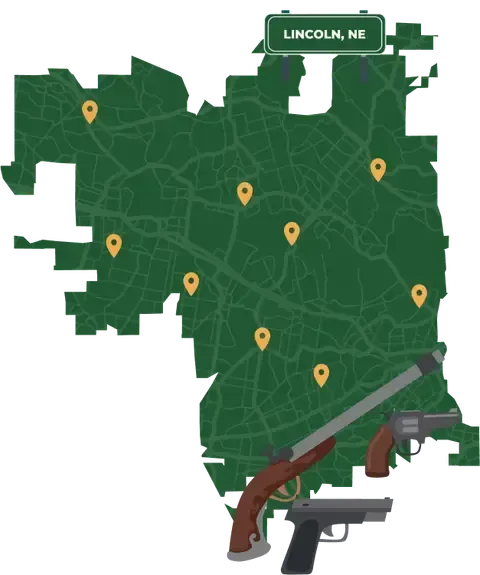Picture of Lincoln, Nebraska City Map with Lincoln sign on it and places that we buy guns from.