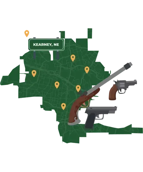 Picture of Kearney, Nebraska City Map with Kearney sign on it and places that we buy guns from.