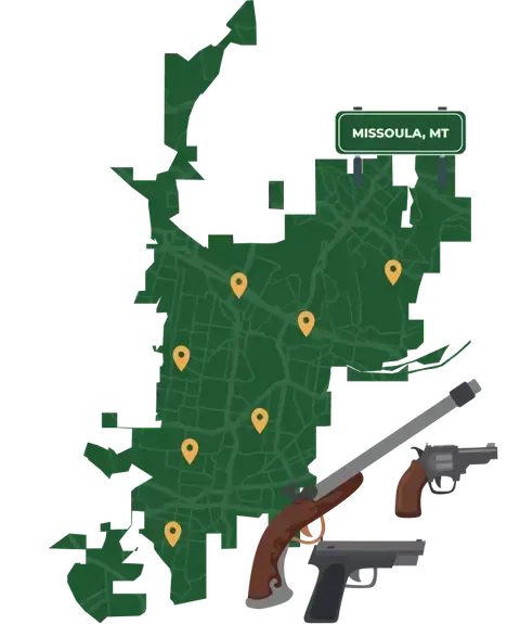 Picture of Missoula, Montana City Map with Missoula sign on it and places that we buy guns from.