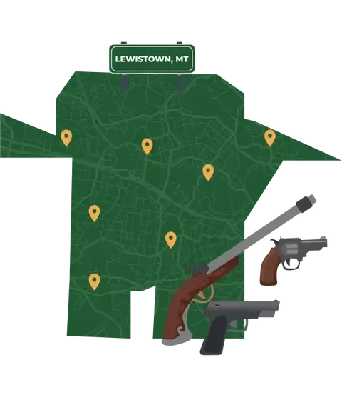 Picture of Lewistown, Montana City Map with Lewistown sign on it and places that we buy guns from.