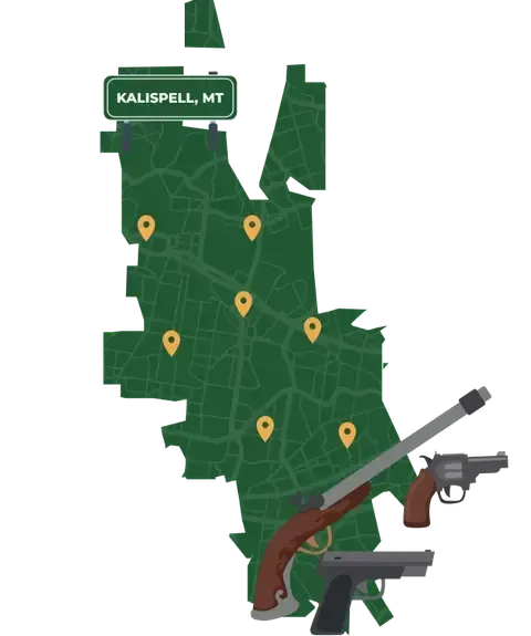 Picture of Kalispell, Montana City Map with Kalispell sign on it and places that we buy guns from.