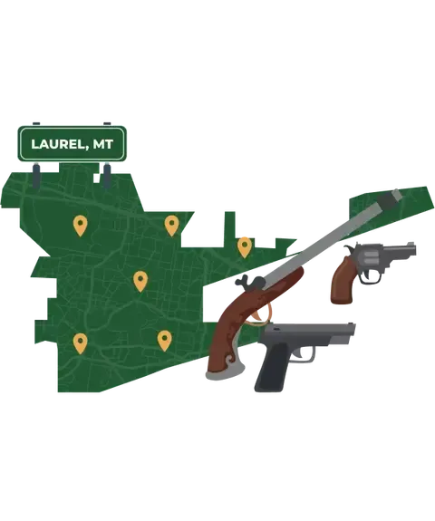 Picture of Laurel, Montana City Map with Laurel sign on it and places that we buy guns from.