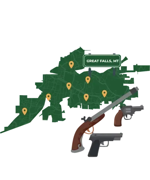 Picture of Great Falls, Montana City Map with Great Falls sign on it and places that we buy guns from.