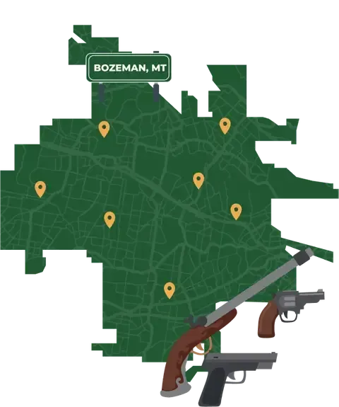 Picture of Bozeman, Montana City Map with Bozeman sign on it and places that we buy guns from.