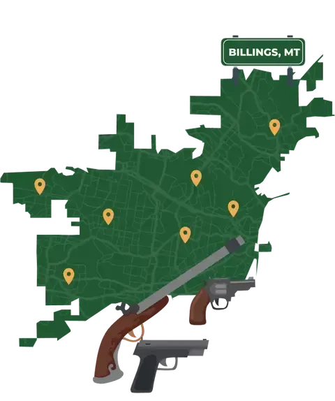 Picture of Billings, Montana City Map with Billings sign on it and places that we buy guns from.